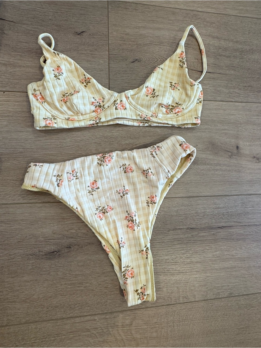 RVCA Floral Ribbed Bikini Set in Pale Yellow